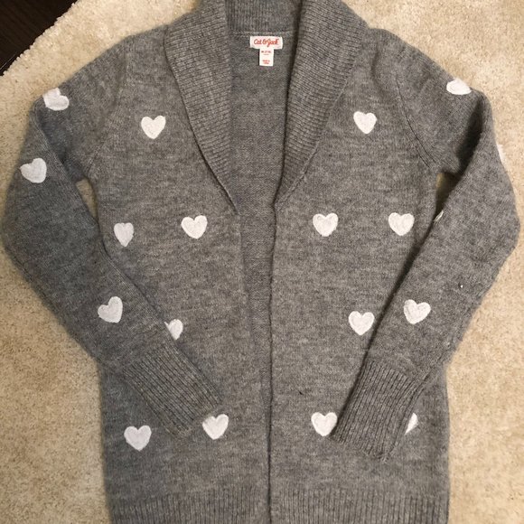Fuzzy grey/heart polka dotted cardigan sweater! - Picture 1 of 3